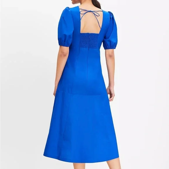 Loft Poplin Tie Back Puff Sleeve Midi Dress Size 10 - Picture 2 of 14